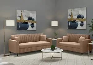 Amata Omega 3 2 Seater Camel Suede Velvet Fabric Sofa Set