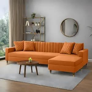 AMATA Elegant 4 Seater L Shape Orange Suede Velvet Fabric Sofa Set with Four Cushions Perfect for Home Office Guests Living Room (02 Orange, L Shape)(03 Year Warranty)