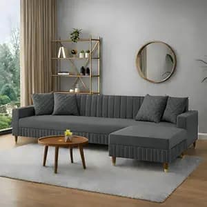 Amata Omega Solid Wood 4 Seater L Shape Grey Suede Velvet