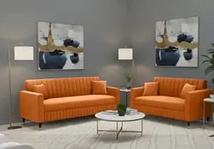 Amata Omega 3 2 Seater Orange Suede Velvet Fabric Sofa Set