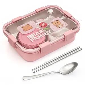 Kawaii Bear Family Bento Stainless Steel Lunch Box with 2 Chopsticks and 1 Spoon, 22 * 16 * 6 cm (Pink) 2408 3-Compartment