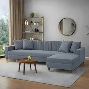 AMATA Elegant 4 Seater L Shape Solid Wood Light Grey Suede Velvet Fabric Sofa Set with Two Cushions Perfect for Home Office Guests Living Room (Elegant Light Grey, L Shape 4 Seater)(3 Year Warranty)
