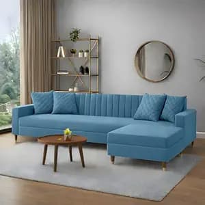 AMATA Elegant Solid Wood 4 Seater L Shape Sky Blue Suede Velvet Sofa Set with Four Cushions Perfect for Home Office Guests Living Room (02 Camel, L Shape)(03 Year Warranty)