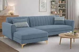 Adorn India Premium Luster 6 Seater L Shape Sofa Set | Velvet Suede Fabric | 3-Year Warranty | LHS |Color Grey with Golden Legs & Striped Pattern Cushion
