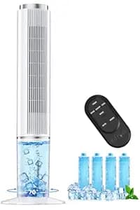 HIFRESH 107CM Tower Fan for Room w/Cooling Function, Bladeless Tower Fans for Home, Remote & Touch, 4 Modes & 3 Speeds, 26Ft Air Throw, 12H Timer, 4 Ice Packs, Auto Rotation, Low Power Consumption