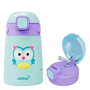 rabitat Milo Stainless Steel Water Bottle 350ml | 2 Year Brand Warranty | BPA Free | Leakproof Steel Sipper Bottle for Kids | Flip Lock Lid with Straw | Easy Carry Handle | Sky Hoot