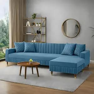 AMATA Omega Solid Wood 4 Seater L Shape Sky Blue Suede Velvet Fabric Sofa Set with Four Cushions Perfect for Home Office Guests Living Room (03 Sky Blue, Omega L Shape 4 SSEATER)(03 Year Warranty)