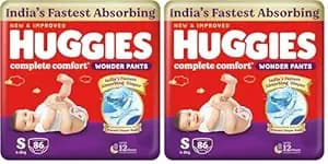 Huggies Complete Comfort Wonder Pants | Pant Style Baby Diapers Small Size (S), 86 Count | India's Fastest Absorbing Diaper, Prevents Diaper Rash, Ideal for 4 to 8 Kgs (Pack of 2)