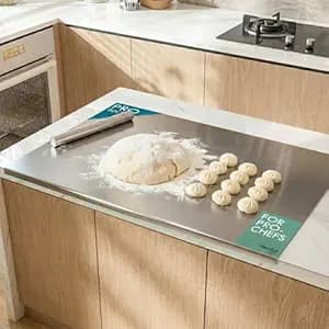 Herrlich Homes 304 Stainless Steel Chopping Board with Lip for Kitchen| Free Rollin Pin |Counter Top | Rust Proof | Easy to use| Round Edge| For Cutting Vegetables, Meat,Fish,Fruits | 2XL | 80 X 50 cm