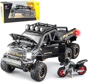 Umadiya® Big Size Ford Raptor F150 Model Car 1:28 Scale Exclusive Alloy Metal Pull Back Die-cast Car Metal Pullback Toy Openable Doors & Light Music Birthday Gift【Colors as Per Stock】