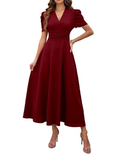 Shasmi Girl's & Women's Solid Color V-Neck A-Line Maxi Dress for Women | New Year Party Outfit | Waist Cinched Puff Sleeve Western | Elegant Casual Wear (Dress 246) price history chart and lowest price