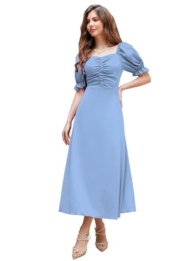 Shasmi Girl S Women S Solid a-Line Ruched Puff Sleeve Maxi