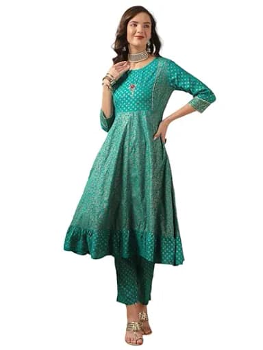 rangita Turquoise Rayon Printed Anarkali Kurta Pant Kurta