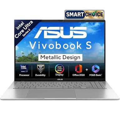 ASUS Vivobook S16 OLED,Smartchoice,Intel Core Ultra 7 255H,16GB RAM,512GB SSD,16", Win11, Office 2024, M365 Basic(1Y), Cool Silver, 1.7Kg, S3607CA-SH077WS, Intel Arc iGPU,Metallic Design Laptop, AI PC