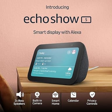 Amazon Echo Show 5 (latest model) | Smart display with Alexa, 2x bass speaker, clearer sound, camera for home monitoring, bluetooth | Charcoal