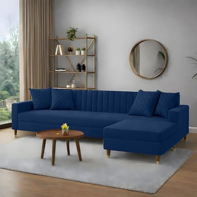 AMATA Elegant Solid Wood 04 Seater L Shape Royal Blue Suede Velvet Sofa Set with Four Cushions Perfect for Home Office Guests Living Room (02 Royal Blue, L Shape)(03 Year Warranty)
