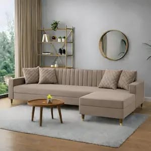 amata elegant solid wood 4 seater l shape camel suede product image from Amazon