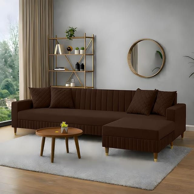 amata omega solid wood 4 seaterl shape brown suede velvet product image from Amazon