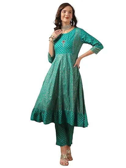 rangita Turquoise Rayon Printed Anarkali Kurta Pant Kurta product image from Amazon