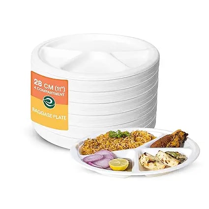 ECO SOUL 11 inch 50 Pack 4-Compartment Disposable Bagasse product image from Amazon