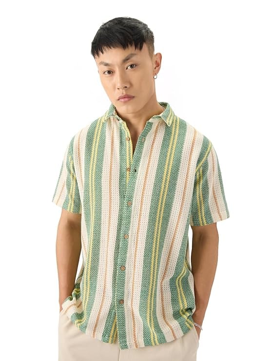 The Souled Store Stripes Green White Yellow Men Boys Half product image from Amazon