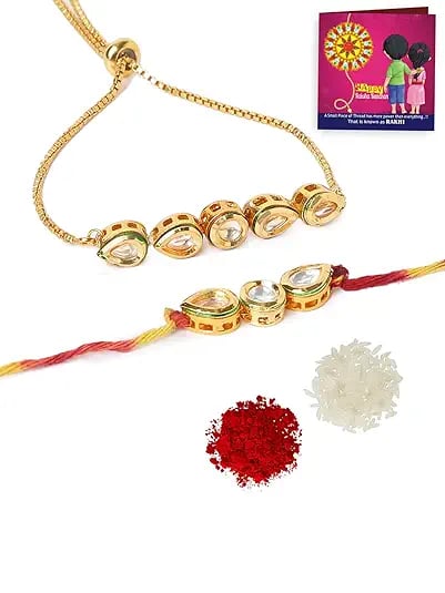 Yellow Chimes Rakhi Brother Bhabhi Gold Plated Kundan product image from Amazon