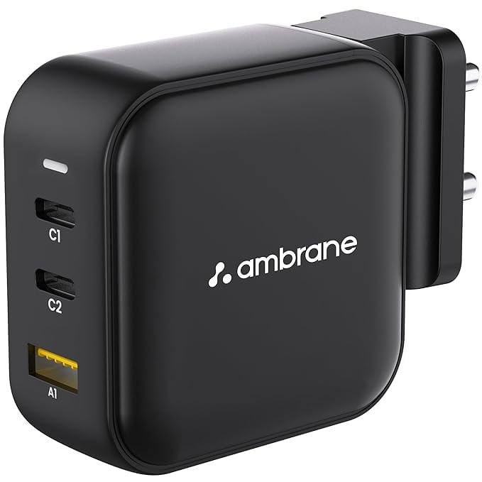 Ambrane 65W Charger Adapter 3 Ports - 2 Type C 1 USB product image from Amazon