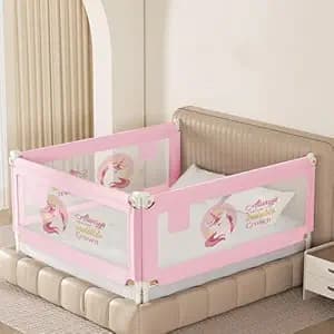 Kids Station Foldable Baby Bed Rail Guard – 28-Level Adjustable Height, 6.0ft x 5.3ft x 6.0ft (180x160x180cm), 3 Sides, Made in India (Pink, with Pocket)