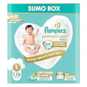 Pampers Premium Care Pant Style Baby Diapers L 176 Count | No Marks Design | Voted India’s #1 Softest Diaper | All in 1 diaper with 360 Cottony Softness