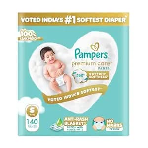 Pampers Premium Care Pant Style Baby Diaper S 140 Count | No Marks Design | Voted India’s #1 Softest Diaper | All in 1 diaper with 360 Cottony Softness