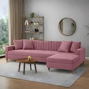 AMATA Elegant 4 Seater L Shape Mauve Colour Suede Velvet Fabric Sofa Set with Four Cushions Perfect for Home Office Guests Living Room (02 Move, L Shape)(3 Year Warranty)