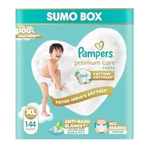 Pampers Premium Care Pant Style Baby Diapers XL 144 Count | No Marks Design | Voted India’s #1 Softest Diaper | All in 1 diaper with 360 Cottony Softness
