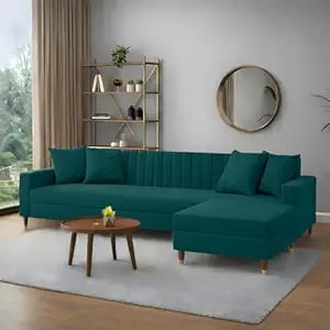 Amata Elegant 4 Seater L Shape Ocean Blue Fabric Sofa Set - Amazon product photo Amata Elegant 4 Seater L Shape Ocean Blue Fabric Sofa Set product image from Amazon