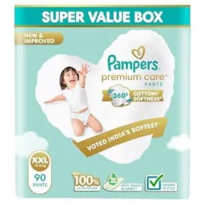 Pampers Premium Care Pant Style Baby Diapers XXL 90 Count | No Marks Design | Voted India’s #1 Softest Diaper | All in 1 diaper with 360 Cottony Softness