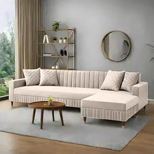 AMATA Omega Solid Wood 4 Seater L Shape Cream Suede Velvet Fabric Sofa Set with Four Cushions Perfect for Home Office Guests Living Room (03 Cream, Omega L Shape 4 SSEATER)(3 Year Warranty)
