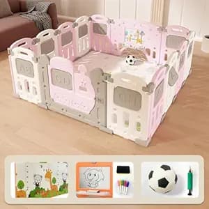 Dawnwake Assembly-Free 14 Panel Playard, Baby Playpen Fence with Crawling Mat and Football for Baby Upto 8 Years with Safety Locking Door & Drawing Board (150 x 150cm, Foldable) -Pink