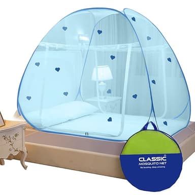 Classic Mosquito Net for King Size Bed Heart Design | 30 GSM Polyester Fine Mesh | Foldable Pop Up Machardani for Double Bed | 360° Mosquito & Insect Protection | Washable & Reusable | Full Blue