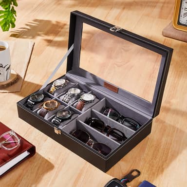 Amazon Basics Unisex Faux Leather Watch Organiser Box with 9 Slots | 6 Watch Storage Compartments | 3 Sunglasses Holder | Transparent Lid (Black) price history chart and lowest price